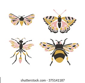 Bumblebee, butterfly, mol, apanteles. Insect icons, vector set. Abstract triangular style. 