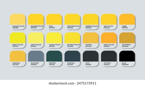 Bumblebee Color Palette, Bumblebee Color Guide Palette with Color Names. Catalog Samples of Bumblebee Colour with RGB HEX codes and Names. Bee Colors Palette Vector, Fashion Trend Yellow Color Palette