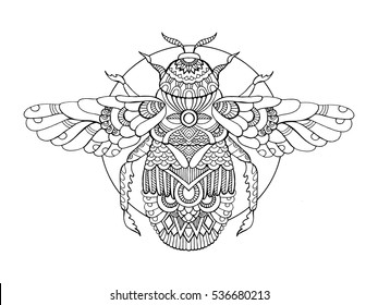 Bumblebee coloring book for adults vector illustration. Anti-stress coloring for adult. Tattoo stencil. Zentangle style. Black and white lines. Lace pattern