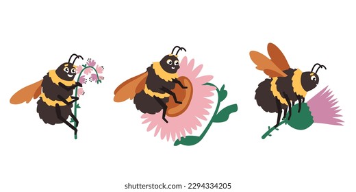 Bumblebee in different poses. Insect in cartoon style.