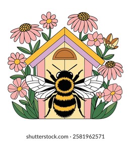 Bumblebee and Flowered Bee House Illustration