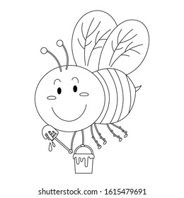Bumblebee holding honey bucket vector illustration cartoon colorless for coloring book. Honey bee holding honey bucket with pollen on legs. 