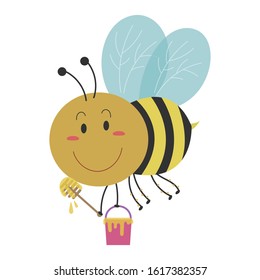 Bumblebee holding honey bucket vector illustration cartoon isolated on white background. Honey bee holding honey bucket with pollen on legs. 