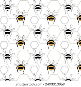 Bumblebee and honeycomb pattern. Pattern on a white background. Sketch or doodle style