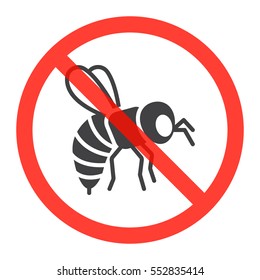 Bumblebee icon in prohibition red circle, No honey bees ban sign, forbidden symbol. Vector illustration isolated on white