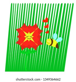 bumblebee looks in love eyes at a cartoon red flower with a yellow middle on the background of green grass nature concept