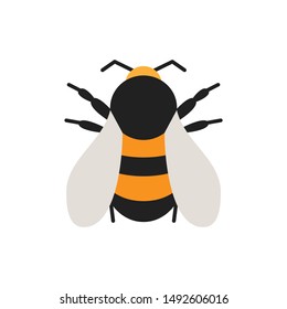 Bumblebee single flat icon. Bee simple sign in cartoon style. Insect pictogram. Wildlife symbol. Entomology closeup color vector illustration isolated on white. Graphic design element for card, logo