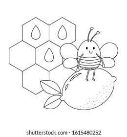 Bumblebee sitting on lemon vector illustration cartoon. Honey and lemon logo cartoon. Cute honey bee and lemon vector cartoon colorless for coloring book. 