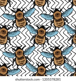 Bumblebee Vector Sketch Seamless Pattern