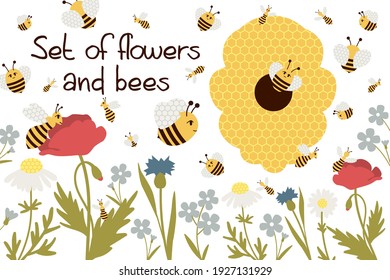 Bumblebees, bees, beehive and wild flowers - poppy, chamomile, forget-me-not and cornflower. Set of simple vector elements. Fun illustrations for kids toys, summer holidays, compositions and patterns.