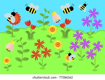 Bumblebees flies to collect pollen from flowers. Vector illustration