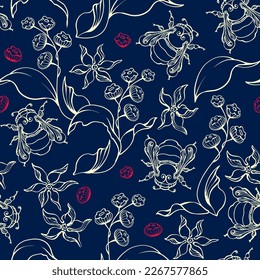 Bumblebees and flowers. Seamless pattern. Silhouettes of insects and plants. Floral botanical outline sketch. Light line on a dark blue background.  Hand drawn image. Vector illustration.