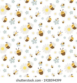 Bumblebees and flowers. Simple vector seamless pattern. Chamomile and forget-me-nots. Cute illustration for textiles, children's toys, holiday decoration.