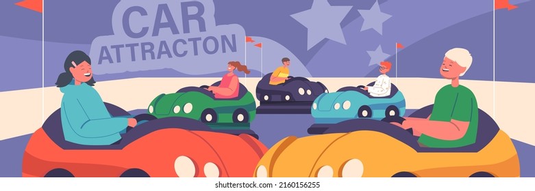 Bumper Car Attraction in Amusement Park. Children Having Fun at Funfair or Carnival Entertainment Riding Colorful Dodgem Carts. Kids Characters Recreation Activity. Cartoon People Vector Illustration