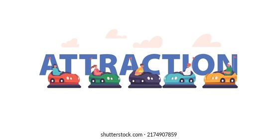 Bumper Car Attraction Concept Children Having Fun in Amusement Park Riding Colorful Dodgem Carts. Kids Characters Recreation Activity in Fanfair Poster, Banner or Flyer. Cartoon Vector Illustration