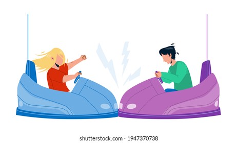 Bumper Car Attraction Enjoying Boy And Girl Vector. Children Driving Electric Bumper Car And Crashing Together In Amusement Park. Characters Leisure Active Time Flat Cartoon Illustration