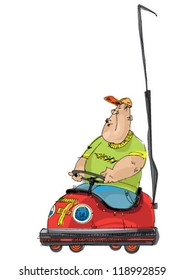 Bumper car with fat boy inside - cartoon