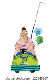 Bumper car with fat boy inside - cartoon