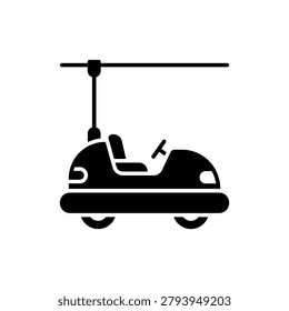 Bumper car with overhead antenna, vector icon. Classic amusement ride bumper car connected to an overhead power wire, isolated on a clean background in flat vector icon style.