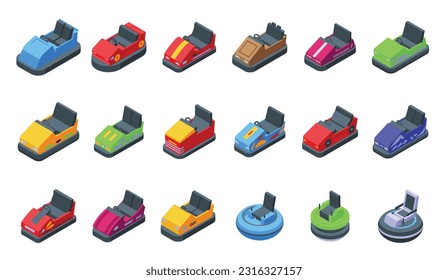 Iconos de atracción de coches parachoques establecen vector isométrico. Juego de estacionamiento. Diversión de carnaval