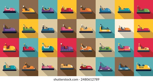 bumper cars attraction icons set. Colorful bumper cars set showing an amusement park ride with different colors and designs