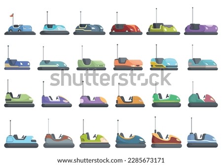 Bumper cars attraction icons set cartoon vector. Park game. Car children