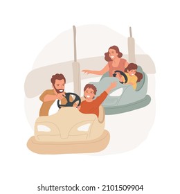 Bumper cars isolated cartoon vector illustration. Parents sit in small vehicles with children, electric bumper car attraction, having fun, family leisure time, amusement park cartoon vector.