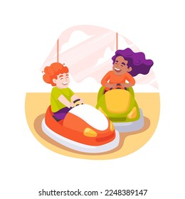 Bumper cars isolated cartoon vector illustration. Parents sit in small vehicles with children, electric bumper car attraction, having fun, family leisure time, amusement park vector cartoon.