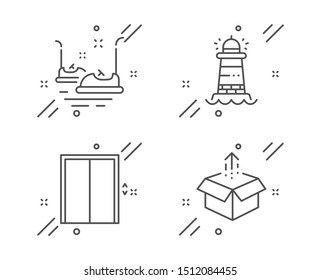 Bumper cars, Lighthouse and Lift line icons set. Send box sign. Carousels, Searchlight tower, Elevator. Delivery package. Transportation set. Line bumper cars outline icon. Vector