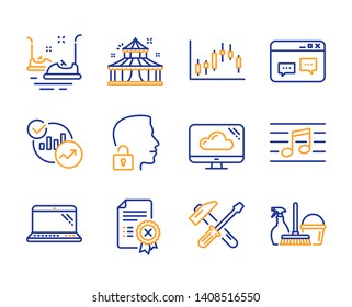 Bumper cars, Musical note and Laptop icons simple set. Reject certificate, Cloud storage and Unlock system signs. Browser window, Statistics and Hammer tool symbols. Line bumper cars icon. Vector