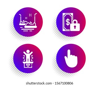Bumper cars, Private payment and Winner podium icons simple set. Halftone dots button. Hand click sign. Carousels, Secure finance, First place. Location pointer. Technology set. Vector