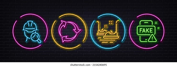 Bumper cars, Recycle and Inspect minimal line icons. Neon laser 3d lights. Fake news icons. For web, application, printing. Carousels, Recycling waste, Builder review. Wrong information. Vector