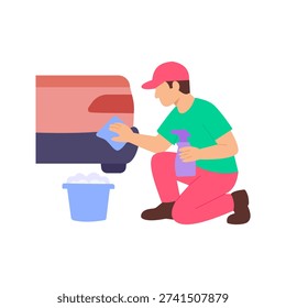 Bumper Cleaning, removing dust from front bumper, Flat vector character illustration