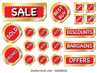 A bumper collection of promotional stickers in red and gold. EPS 10 vector