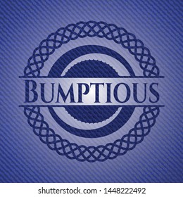 Bumptious emblem with jean high quality background. Vector Illustration. Detailed.