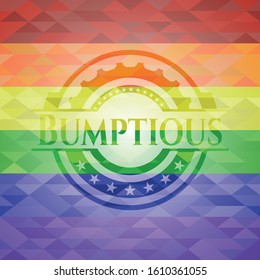 Bumptious emblem on mosaic background with the colors of the LGBT flag