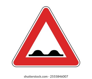 Bumpy Road Warning Sign Featuring Red Triangle and Black Humps, Indicating a Deteriorated Road Section Ahead, Available as a Vector File