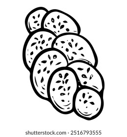 Bun braid hand drawn doodle. Baked pie with sprinkles. Bakery. Sweet food. Homemade pastry. Wheat dough bread. Sugar biscuit dessert. Vector sketch line art illustration.