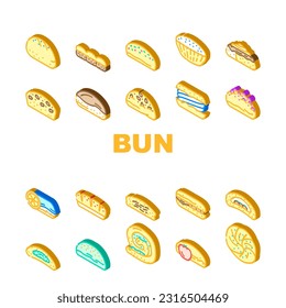 bun bread burger hamburger icons set vector. food sandwich, sesame roll, brioche chinese, taiwan top, empty meat, view baked bun bread burger hamburger isometric sign illustrations
