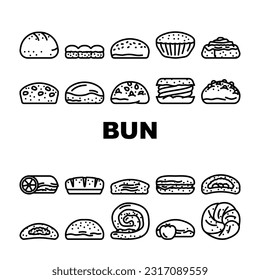 bun bread burger hamburger icons set vector. food sandwich, sesame roll, brioche chinese, taiwan top, empty meat, view baked bun bread burger hamburger black contour illustrations