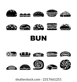 bun bread burger hamburger icons set vector. food sandwich, sesame roll, brioche chinese, taiwan top, empty meat, view baked bun bread burger hamburger glyph pictogram Illustrations