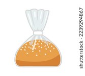 Bun bread for burger in plastic transparent packaging. Pastry bread from wheat in pack bag with clip, bakery food. Small loaf. Vector illustration