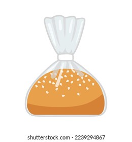 Pan de bollo para hamburguesa en envases transparentes de plástico. Pan pastelero de trigo en bolsa con clip, comida de panadería. Pan pequeño. Ilustración del vector