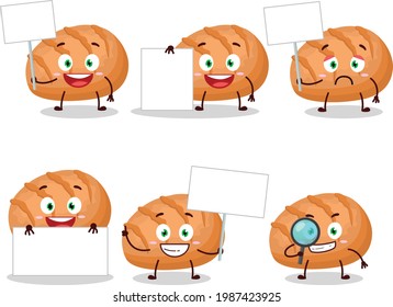Bun bread cartoon character bring information board. Vector illustration