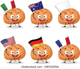 Bun bread cartoon character bring the flags of various countries. Vector illustration