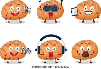 Bun bread cartoon character are playing games with various cute emoticons. Vector illustration