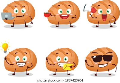Bun bread cartoon character with various types of business emoticons. Vector illustration
