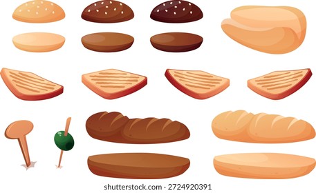Construtor de pão e pão para hambúrgueres e sanduíches, ingredientes vetoriais isolados: pão, pão, pita, cachorro-quente e vários itens de padaria. Ilustração de desenho animado.