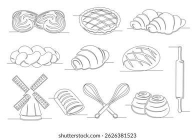 Bun, bread, croissant, apple pie continuous one line drawing set isolated on a white background. Whisk, rolling pin, windmill, elements. Outline bakery icon collections. Vector illustration