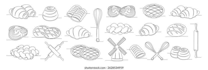 Bun, bread, croissant, applepie pie continuous one line drawing set isolated on a white background. Whisk, rolling pin, windmill, elements. Outline bakery icon collections. Vector illustration